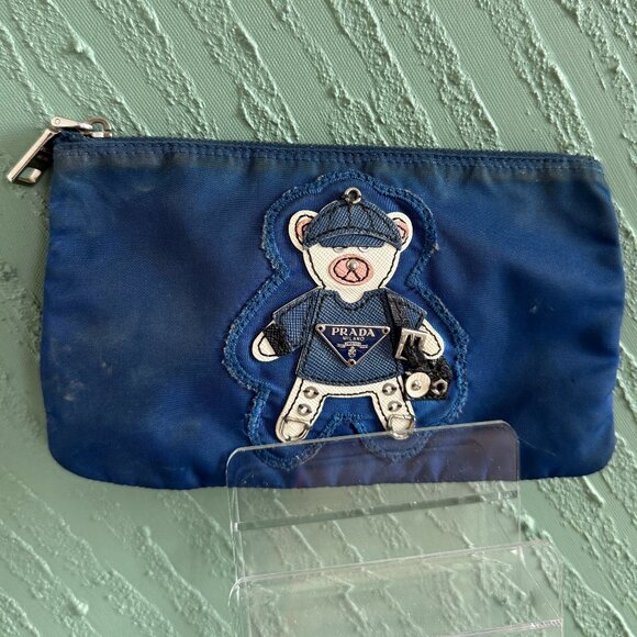 Prada Vintage Blue Saffiano Nylon Pouch with Teddy Bear - Picture 1 of 6